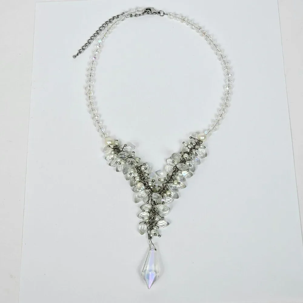 Crystal Faceted Glass Faux Pearl Cluster Y Statement Necklace Prism Drippy‎ Bead
